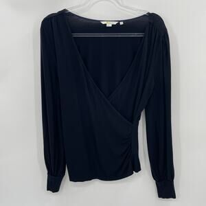 BODEN Deep V-Neck Long Sleeve Shirt Womens Size 10 Black Slimming Ruching Jersey